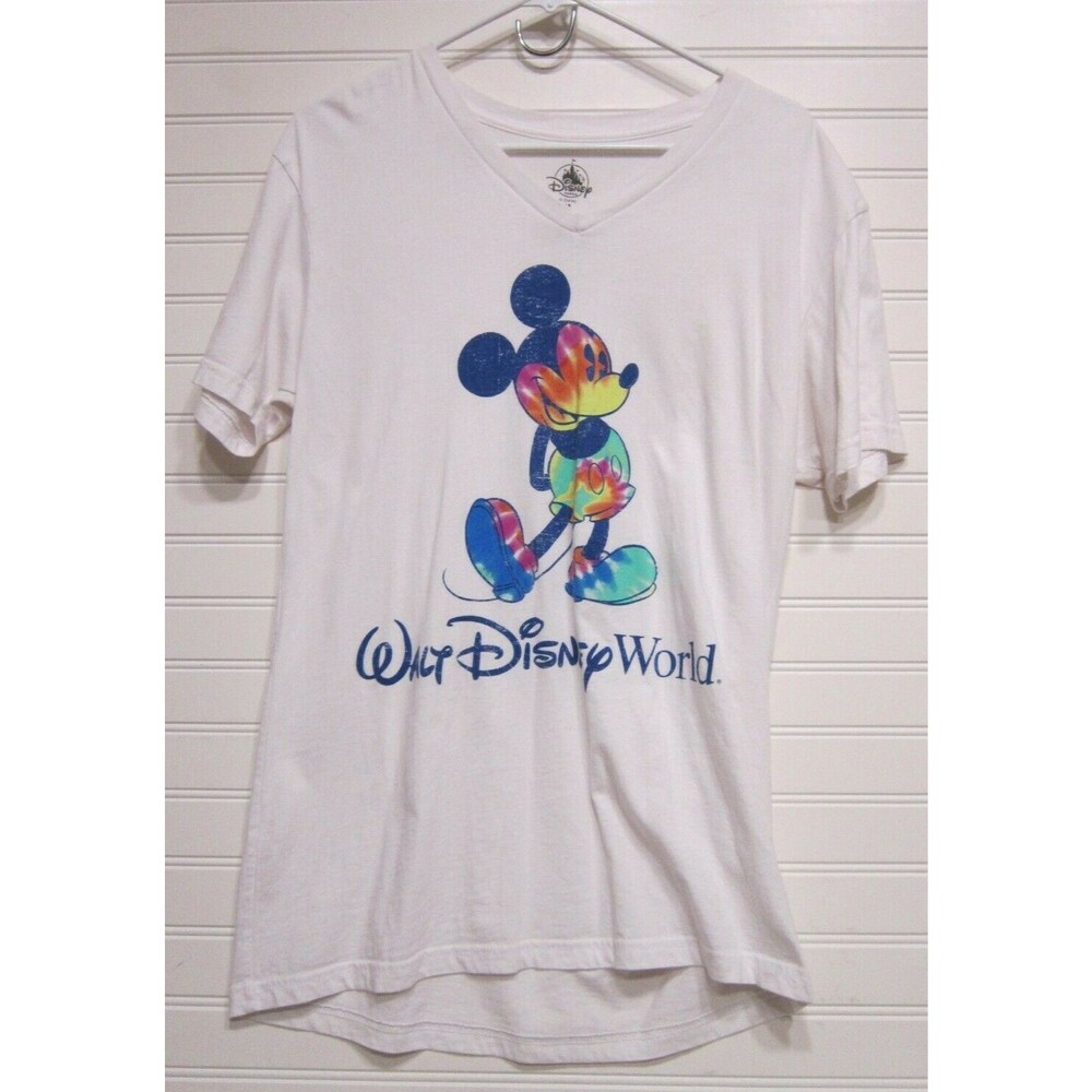 Disney Parks WDW Womens V-Neck Tie-Dyed White Mickey Shirt Size M